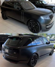 this is an image of a black range rover parked in a showroom with other cars