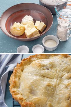 there are two pictures with pies and butter on the same plate, but one has cheese in it