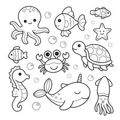 sea animals coloring pages for kids to print and color on the page is an illustration