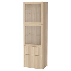 a tall wooden cabinet with glass doors