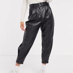 -New, With Tags -Faux Leather -Joggers -Slouchy -Belted -Folded At Bottom -Front Pockets -Offers Welcome -Note: Tags Are From Tjmaxx Bin10 Leather High Waisted Pants, Oversized Outerwear, Slouchy Pants, White Joggers, Leather Joggers, Camo Girl, Womens Clothes, Elastic Waist Pants, Faux Leather Pants