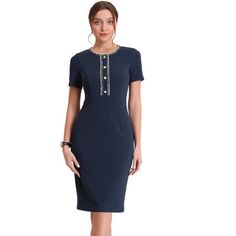 Our tweed trim dress is crafted in a body-con fit with short sleeve and button decor front. A summer-weather essential, our elegant dress is cut with tweed piped and back split hem. Occasion: wear to work, business, office, a job interview, cocktail, wedding guest, party, church, etc. Pair it with our high heels for elegant summer outfits. Knee-length Buttoned Tweed Dress For Office, Formal Short Sleeve Tweed Dress, Fitted Short Sleeve Tweed Dress With Buttons, Knee-length Tweed Dress For Office With Buttons, Knee-length Tweed Dress With Buttons For Office, Fitted Tweed Dress With Buttons And Short Sleeves, Knee-length Buttoned Tweed Dress For Work, Elegant Short Sleeve Tweed Dress With Buttons, Knee-length Tweed Dress With Buttons For Work