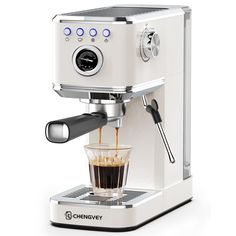 an espresso machine with a cup of coffee being poured into the bottom, on a white background