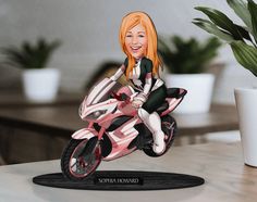 a caricature of a woman on a pink motorbike is sitting next to a potted plant