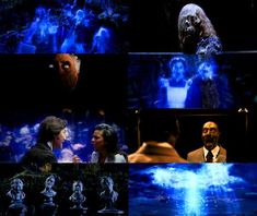 many different pictures of people and animals in the dark blue light, with one person looking at another