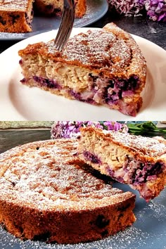 two pictures of a cake with blueberries and powdered sugar on top, one has a fork in it