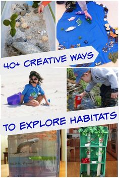 several different pictures with the words 40 creative ways to explore habitats in them and on it