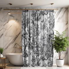 a bathroom with marble walls and flooring, shower curtain in the shape of a tree