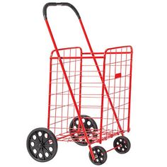 a red shopping cart with four wheels and black spokes on the front, isolated against a white background