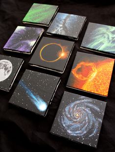 nine coasters with pictures of different planets and stars in them on a black background