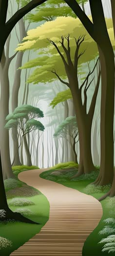 a painting of a path in the middle of a forest