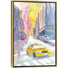 a watercolor painting of a yellow taxi cab on a city street in new york