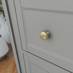 a close up of a door handle on a gray cabinet with a potted plant in the background