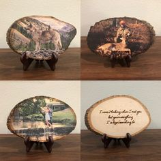 three wooden slices with pictures of people and animals on them, one is holding a dog