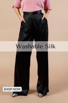 Elevate your everyday style with these washable silk pants for women. Available in timeless black, elegant olive green, and deep wine, these pants offer the perfect blend of comfort, convenience, and luxury. Perfect for the modern, #silkpants #washablesilk #silkoutfit #classy #classysilkoutfits #silkpantsoutfitclassyfashionable woman. Sleek Silk Wide Leg Pants, Sleek Wide-leg Silk Pants, Sleek Silk High-waisted Wide Leg Pants, Sleek Silk Wide-leg Pants, Silk Wide Leg Pants With Elastic Waistband For Work, Sleek Silk Trousers, Sleek Silk Straight Pants, Sleek Silk Wide Leg Bottoms, Sleek Silk Straight Leg Pants