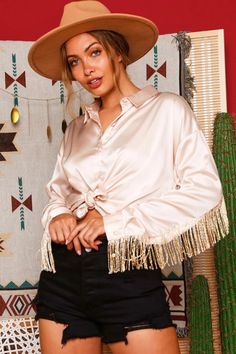 Lena Satin Fringe Blouse – Hippie-Ki-Yay Boutique Fall Party Blouse With Buttons, Spring Party Blouse With Buttons, Summer Party Blouse With Buttons, Chic Button-up Party Blouse, Chic Party Button-up Blouse, Chic Party Tops With Button Closure, Long Sleeve Blouse With Button Closure For Party, Button-up Padded Blouse For Party, Padded Button-up Party Blouse