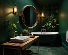 a bathroom with green walls and a white tub in the middle, surrounded by greenery