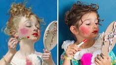 two pictures of children brushing their teeth and looking in the mirror at each other's reflection