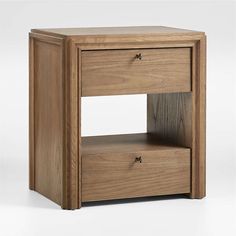 a wooden night stand with two drawers on one side and an open drawer on the other