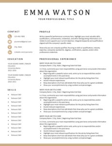 a professional resume template with an image of a woman in the center and gold trimmings