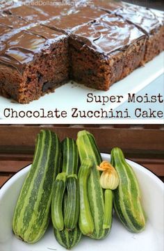 chocolate zucchini cake and sliced zucchini on a white plate with the words super moist chocolate zucchini cake