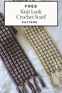 two crocheted scarfs with text overlay that says free knit look crochet scarf pattern