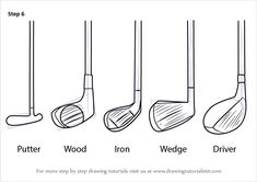 four different types of golf clubs with the names and numbers on each one, including driver, putter, iron, wedge