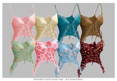 four bras in different colors with bows on the front and back, all tied together