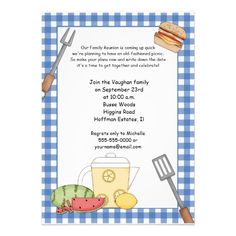 a blue and white gingham picnic party card