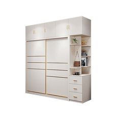 a white closet with drawers and shelves on the bottom, along with an open door