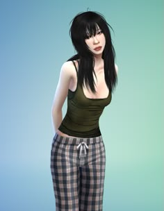 a woman with black hair wearing plaid pants and green tank top standing in front of a blue background