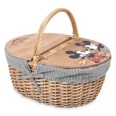 a wicker basket with mickey mouse on it