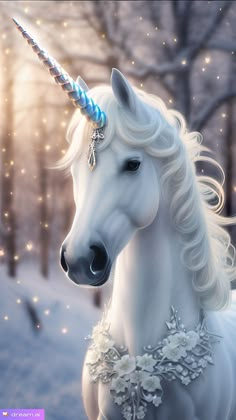 a white unicorn with a blue mane and flowers on its neck standing in the snow