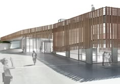 an artist's rendering of a building with wooden slats