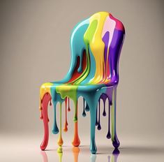 a multicolored chair with dripping paint on it