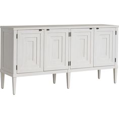 a white cabinet with four doors and two drawers on one side, in front of a white background