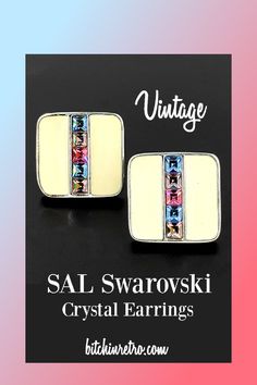 Sweet Swarovski earrings with a center row of channel set pastel crystals surrounded by panels of cream enameling. Bright silver tone finish outlines add a little additional sparkle.

Available for Sale at BitchinRetro.com Swarovski Objects, Rhinestone Projects, Ivy League Style