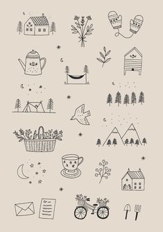 Small Illustrations Simple, Small Images To Draw, Cute Doodle Patterns, Ryn Frank Illustrations, Simple Illustration Art Doodles, Journal Illustration Ideas, Mini Sketch Ideas, Tiny House Tattoo, Journal Doodles Aesthetic