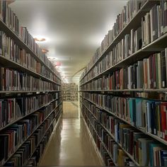 a long row of books in a library with lights on the ceiling and shelves full of books