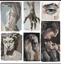 six different types of art work with one woman's face and two men's hands