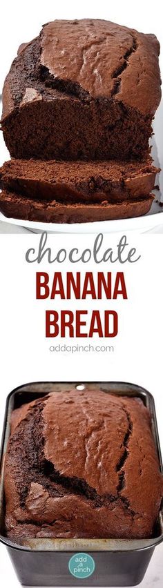 chocolate banana bread in a pan with text overlay that reads, chocolate banana bread