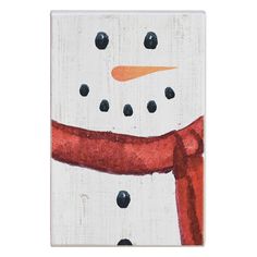 a painting of a snowman wearing a red scarf and black dots on it's head