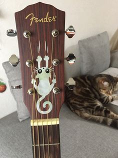 a cat laying on the floor next to an acoustic guitar that is decorated with cats