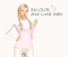 a woman with long blonde hair wearing white pants and a pink shirt, standing in front of a sign that reads recolor base game shirt