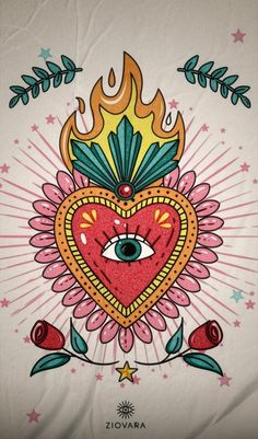 a heart with an all seeing eye on it and flowers in the middle, surrounded by stars