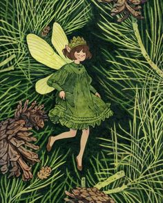 a painting of a fairy in the forest with pine cones and pine cones around her