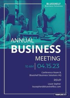 a poster for an annual business meeting with people sitting at a table and talking to each other