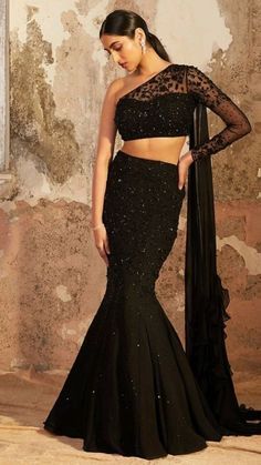 Fashion: #fashion, #style, #outfitinspiration, #beauty One Off Shoulder Dress Indian, One Off Shoulder Blouse, Black Off Shoulder Lehenga, Black One Shoulder Lehenga, Unique Lenga Design, Black Dress Design Ideas, Off Shoulder Blouse For Lehenga, Fishcut Skirt Outfits, Indian Designer Outfits Gowns Style