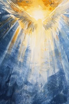 an artistic painting of a dove with the sun shining through it's wings in blue, yellow and white