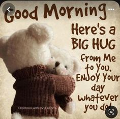 two teddy bears hugging each other with the words good morning here's a big hug from me to you enjoy your day whatever you do